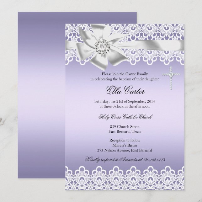 Purple Bow Lace Cross Girl Baptism Invitation (Front/Back)