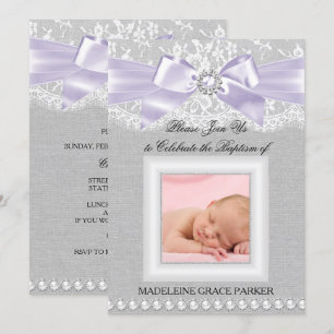 Purple Bow & Lace Photo Baptism/Christening Invite
