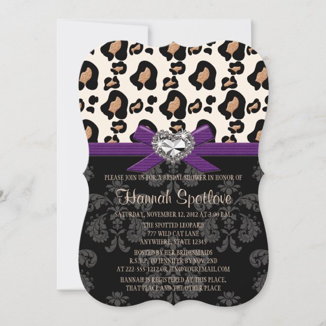 Purple Bow Leopard Print Bling Bridal Shower Invitation (Front)