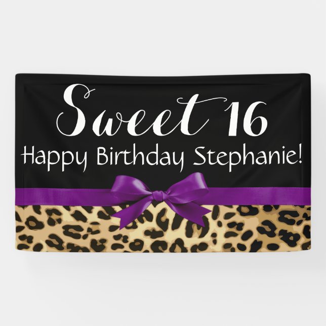Purple Bow Leopard Print Sweet 16 Birthday Party Banner (Horizontal)