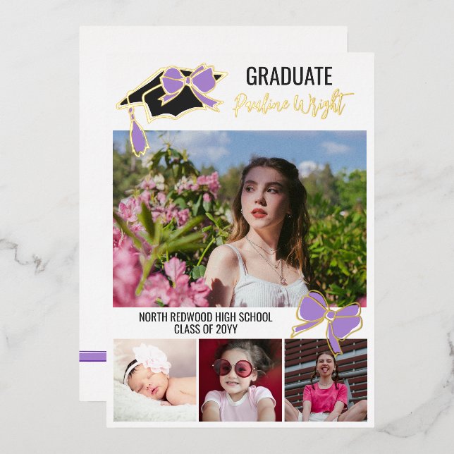 Purple Bow Photos Gold Foil Outlines Graduation (Front/Back)