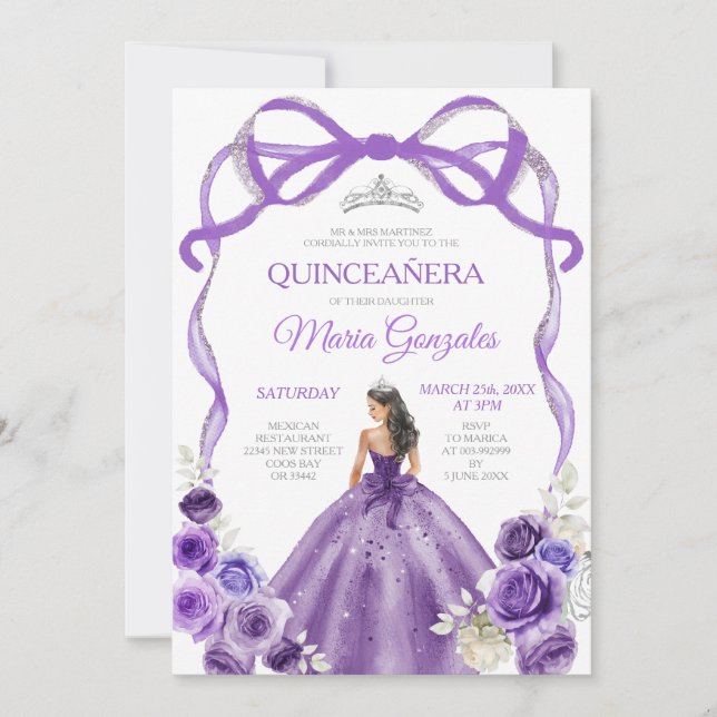 Purple Bow Princess Silver Crown Girl Quinceañera Invitation (Front)