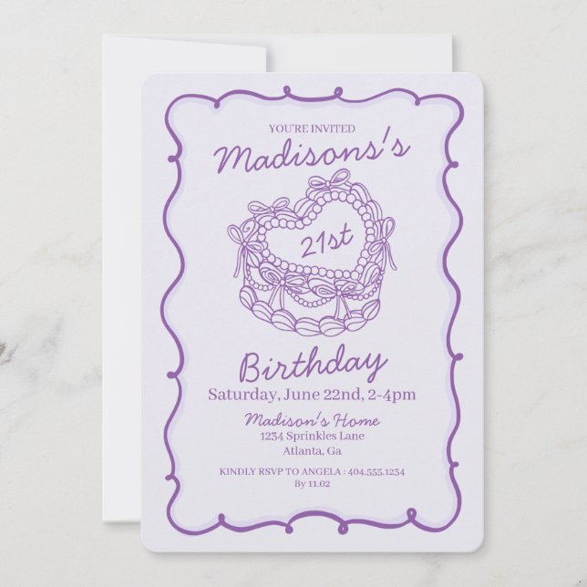 Purple Bow Retro Heart Coquette Cake 21st Birthday Invitation (Front)