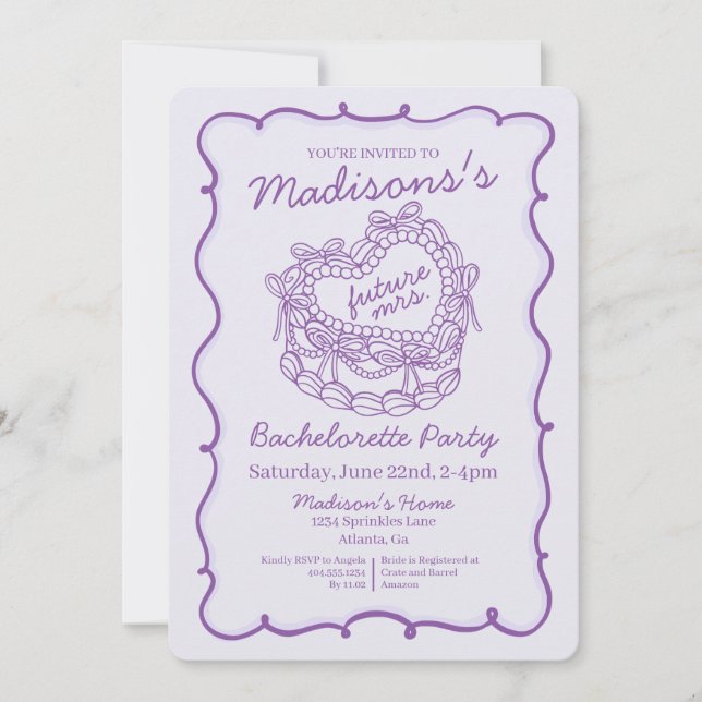Purple Bow Retro Heart Coquette Cake Bachelorette Invitation (Front)
