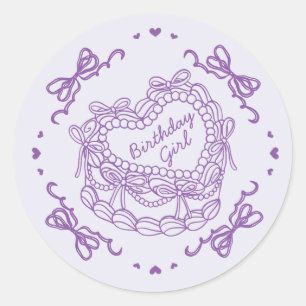 Purple Bow Retro Heart Coquette Cake Birthday Girl Classic Round Sticker