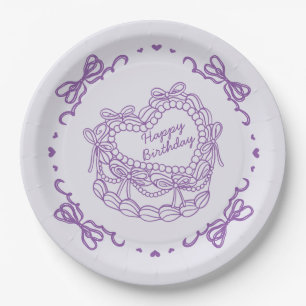 Purple Bow Retro Heart Coquette Cake Birthday Paper Plate
