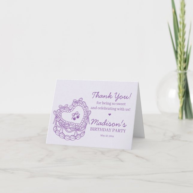 Purple Bow Retro Heart Coquette Cake Birthday Thank You Card (Front)