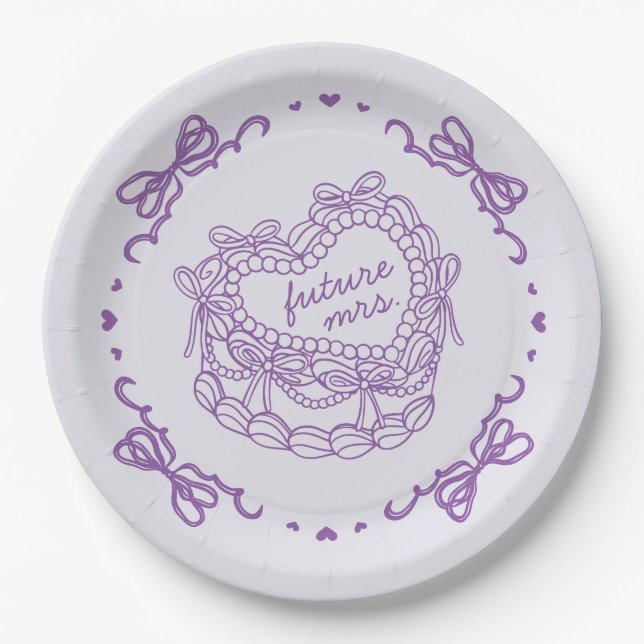 Purple Bow Retro Heart Coquette Cake Bridal Shower Paper Plate (Front)