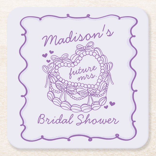 Purple Bow Retro Heart Coquette Cake Bridal Shower Square Paper Coaster (Front)