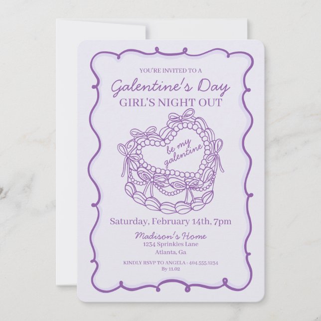 Purple Bow Retro Heart Coquette Cake Galentine Invitation (Front)