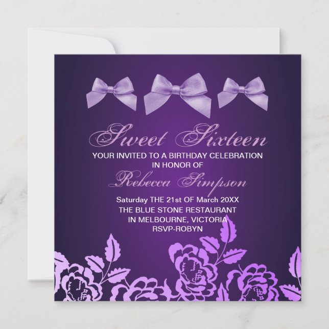 Purple Bow & Rose Sweet 16th Birthday Invitation (Front)