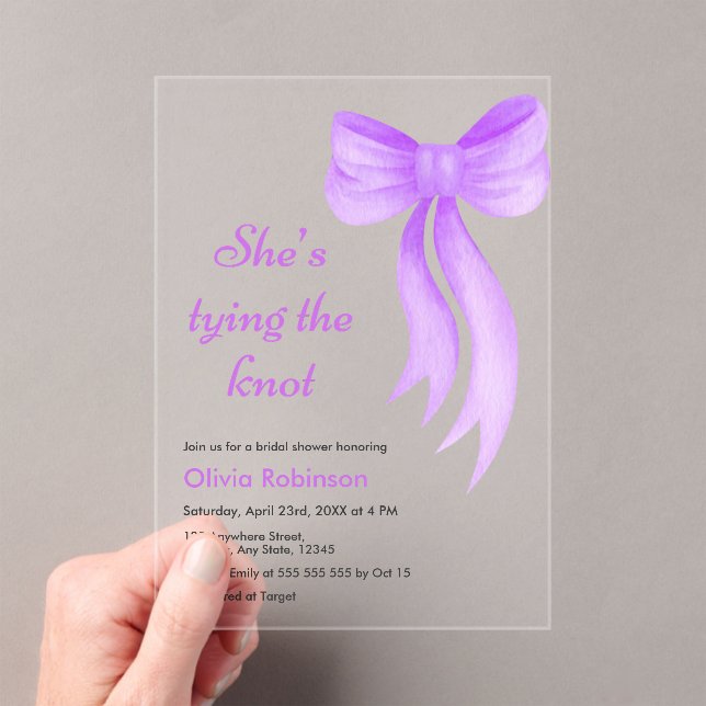 Purple Bow She's Tying the Knot Bridal Shower  Acrylic Invitations (Insitu (Handheld))