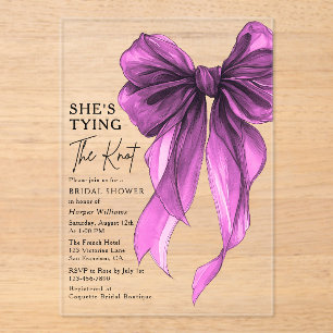 Purple Bow She's Tying The Knot Bridal Shower Acrylic Invitations