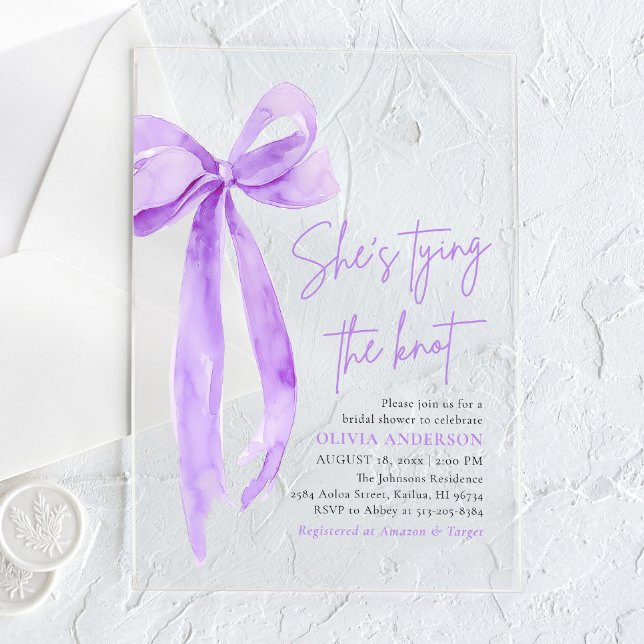 Purple Bow She's Tying the Knot Bridal Shower Acrylic Invitations (Creator Uploaded)