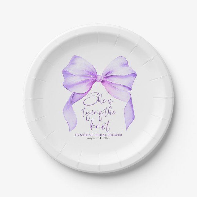 Purple Bow She's Tying the Knot Bridal Shower Paper Plate (Front)