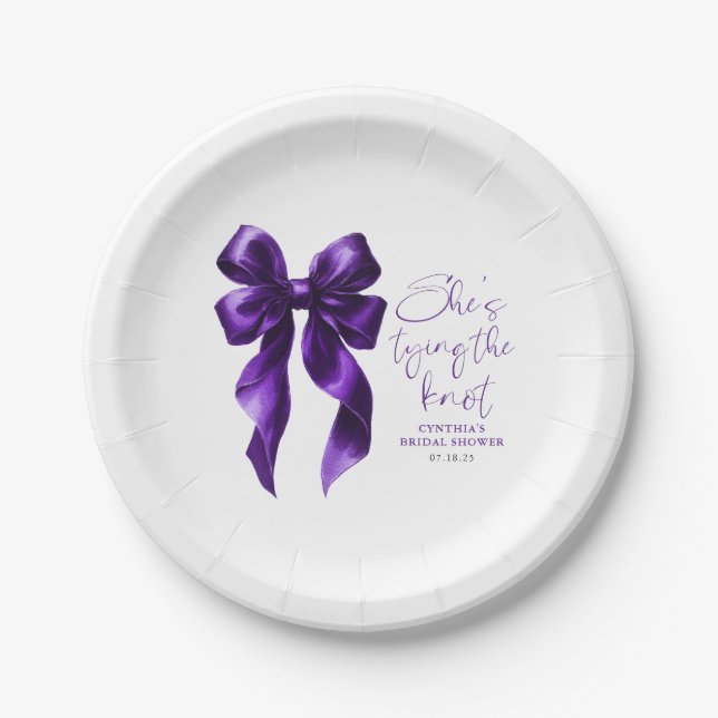 Purple Bow She's Tying the Knot Bridal Shower Paper Plate (Front)
