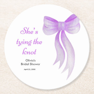 Purple Bow She's Tying the Knot Bridal Shower Round Paper Coaster