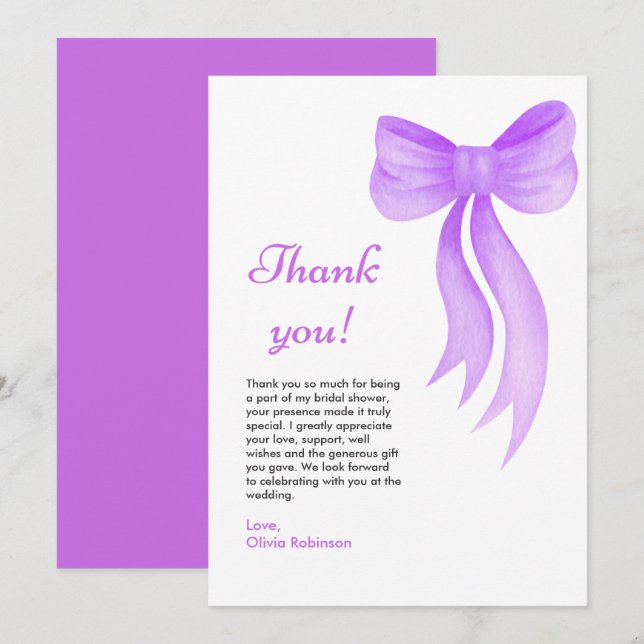 Purple Bow She's Tying the Knot Bridal Shower  Thank You Card (Front/Back)