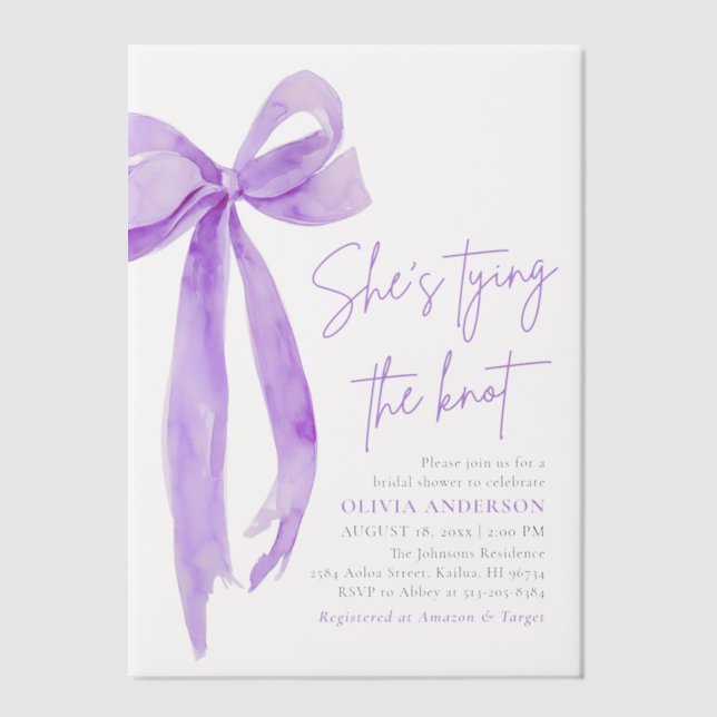 Purple Bow She's Tying the Knot Bridal Shower Vellum Invitations (Front)