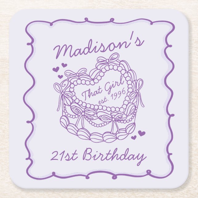Purple Bow That Girl Heart Coquette Cake Birthday Square Paper Coaster (Front)