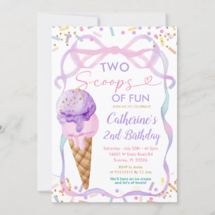 Purple Bow Two Scoops Of Fun Birthday Ice Cream Invitation