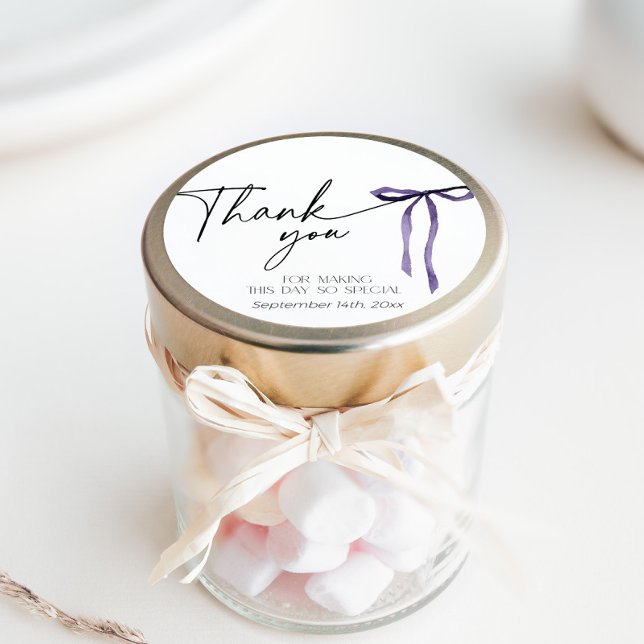 Purple Bow Tying the Knot Bridal Shower Thank You Classic Round Sticker (round thank you sticker with moody purple bow)