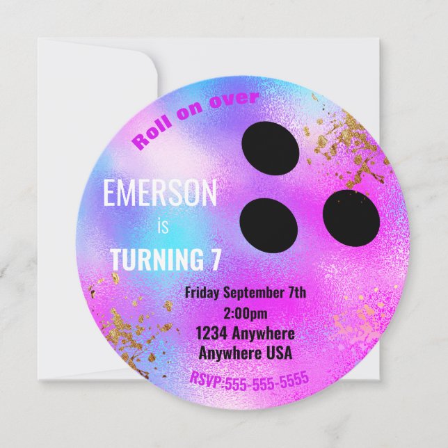 Purple BOWLING BALL, bowling, Glow birthday party Invitation (Front)