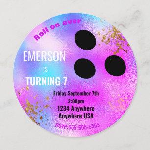 Purple BOWLING BALL, bowling, Glow birthday party Invitation