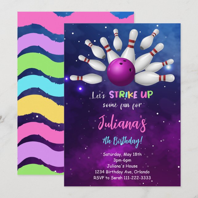 Purple Bowling Birthday Invitation (Front/Back)