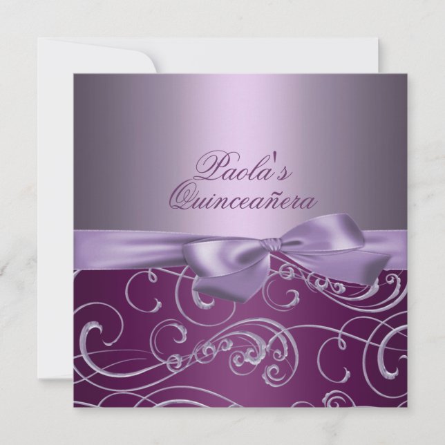 Purple Bows & Swirl Quinceañera Invitation (Front)