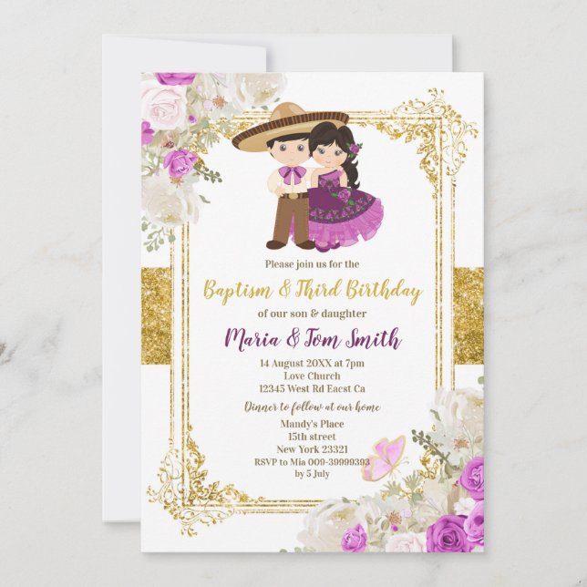 Purple Boy & Girl Baptism And Third Birthday 2 Invitation (Front)
