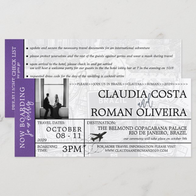 Purple Brazil Wedding Boarding Pass Invitation (Front/Back)