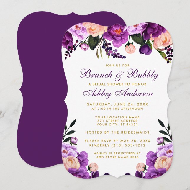 Purple Bridal Shower Brunch Gold Invite BP (Front/Back)
