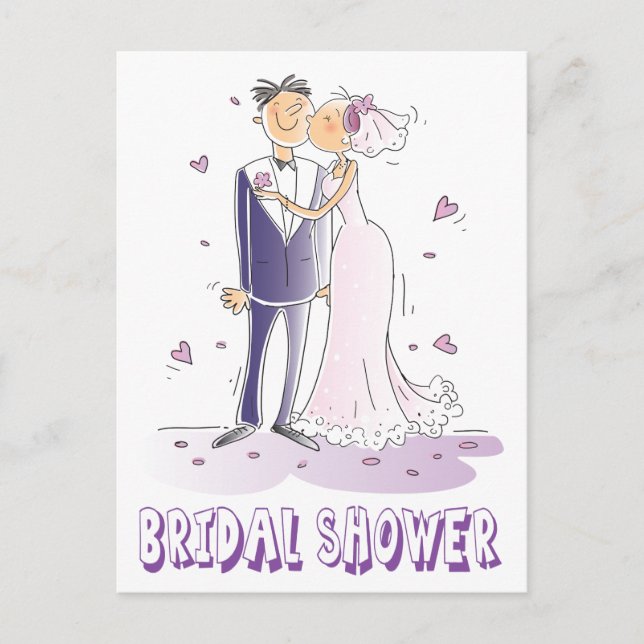 Purple Bridal Shower Cartoon Bride & Groom Wedding Invitation Postcard (Front)
