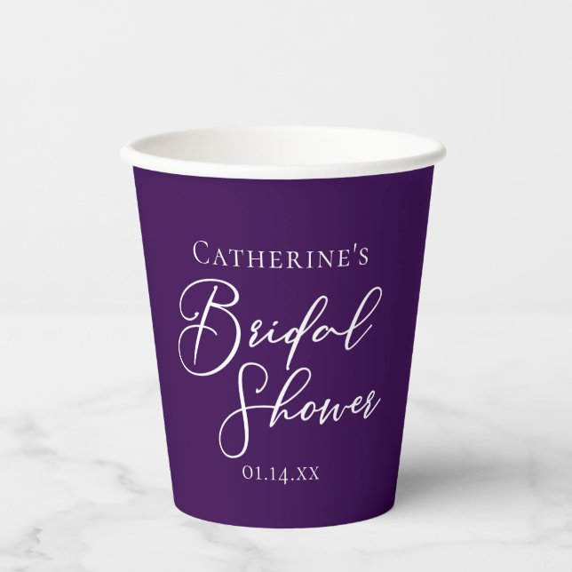 Purple Bridal Shower Personalised White Script Paper Cups (Front)