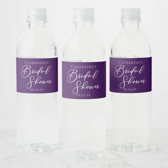 Purple Bridal Shower Personalised White Script Water Bottle Label (Bottles)