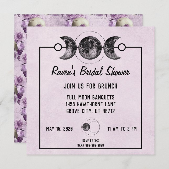 Purple Bridal Shower Skulls Roses Goth Wicca Invitation (Front/Back)