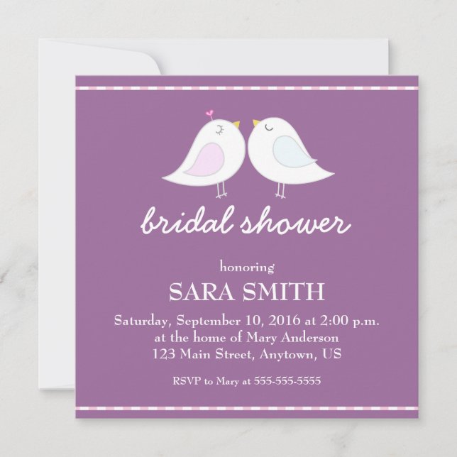 Purple Bridal Shower with Cute Love Birds Invitation (Front)