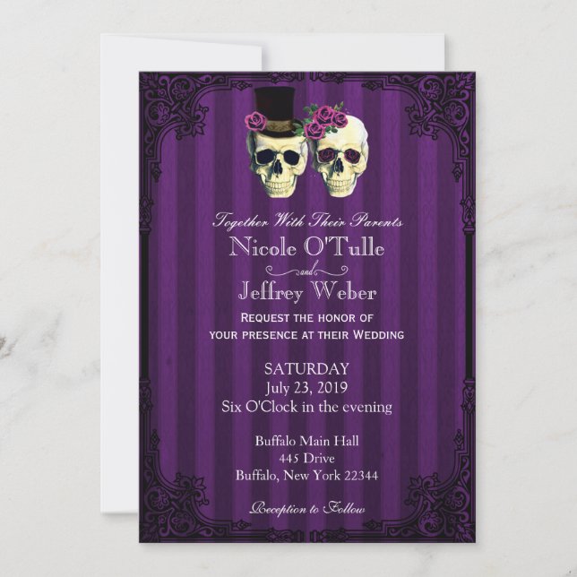 Purple Bride Groom Skulls Wedding Invitation (Front)