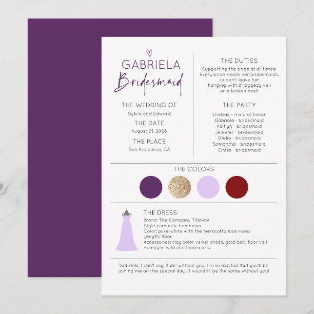 Purple Bridesmaid Proposal & Information (Front/Back)