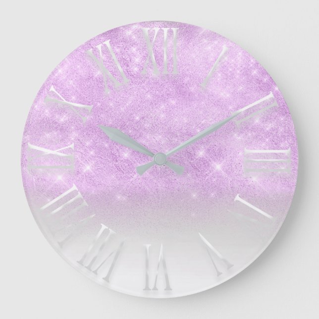 Purple Bright Glitter effect White Spark Princess Large Clock (Front)