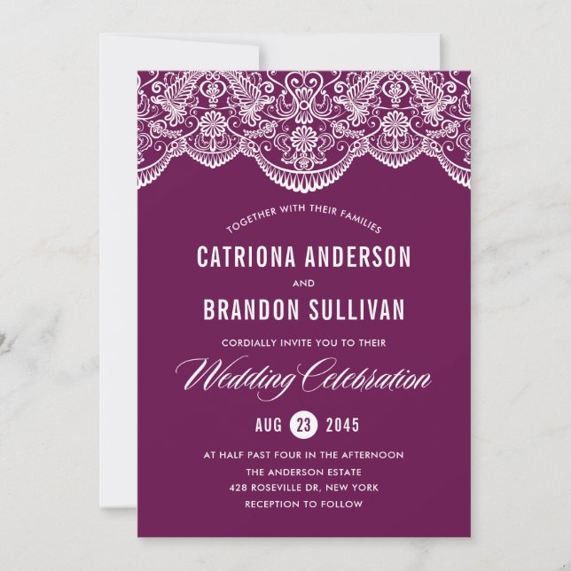 Purple Brocade Lace Wedding Invitation (Front)