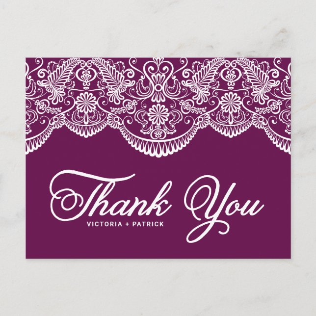 Purple Brocade Lace Wedding Thank You Postcard (Front)