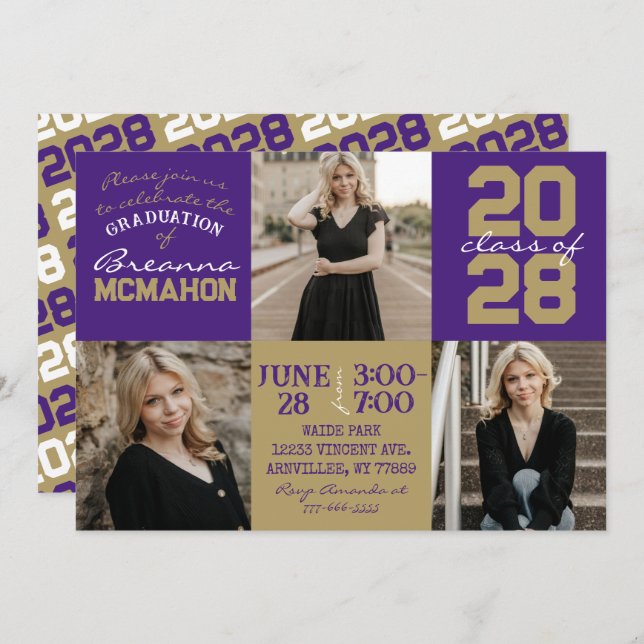 Purple & Bronze Gold 3 Photo Graduation Invitation (Front/Back)