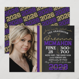 Purple & Bronze Gold Chalkboard Graduation Photo Invitation