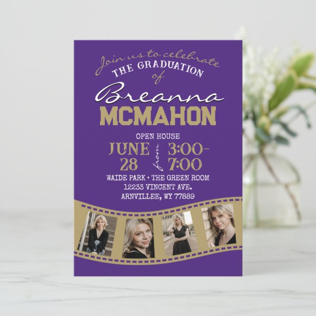 Purple & Bronze Gold Filmstrip 5 Photo Graduation Invitation (Standing Front)