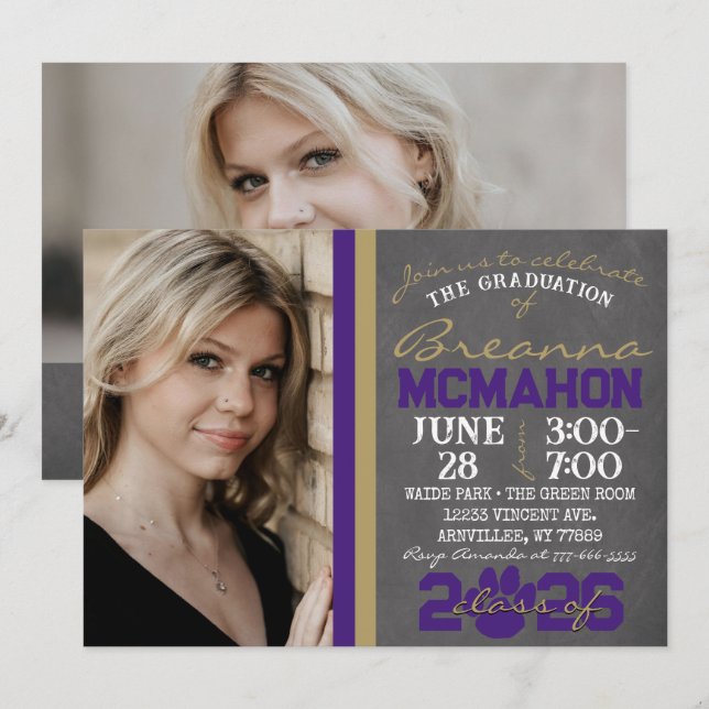 Purple & Bronze Gold Paw Print Graduation 2 Photo Invitation (Front/Back)