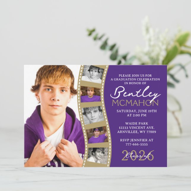 Purple & Bronze Photo Filmstrip Graduation Collage Invitation (Standing Front)