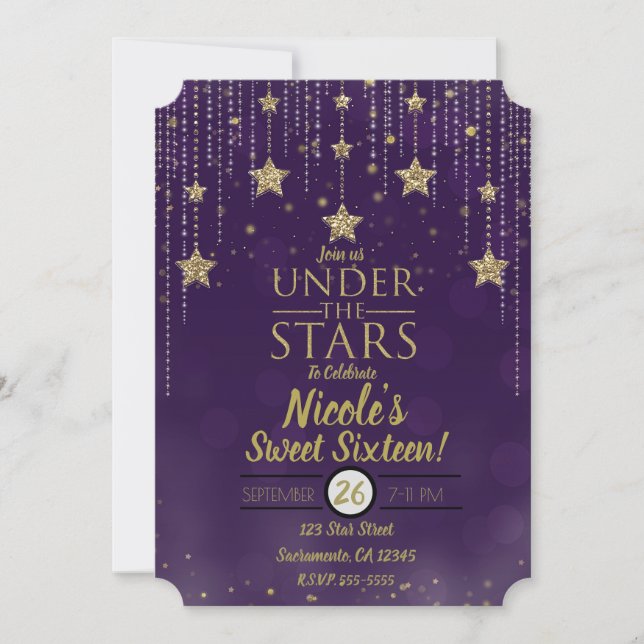 Purple & Bronze Under The Stars Starry Sweet 16 Invitation (Front)