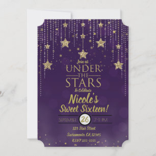 Purple & Bronze Under The Stars Starry Sweet 16 Invitation